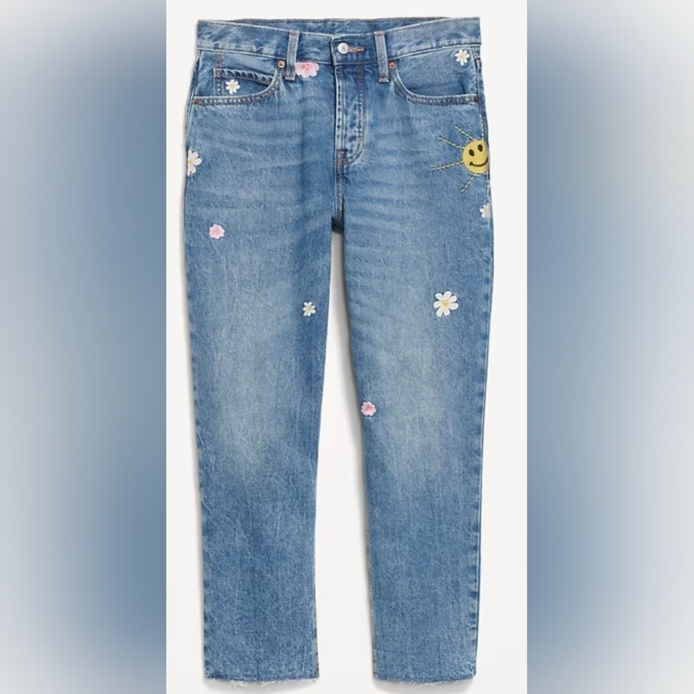 Old Navy High Waisted Button Fly Slouchy Straight with Floral Embroidery Jeans